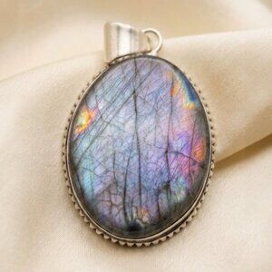Labradorite Pendant Oval Flashy Stone 925 Bale Purple Blue Flash 2”